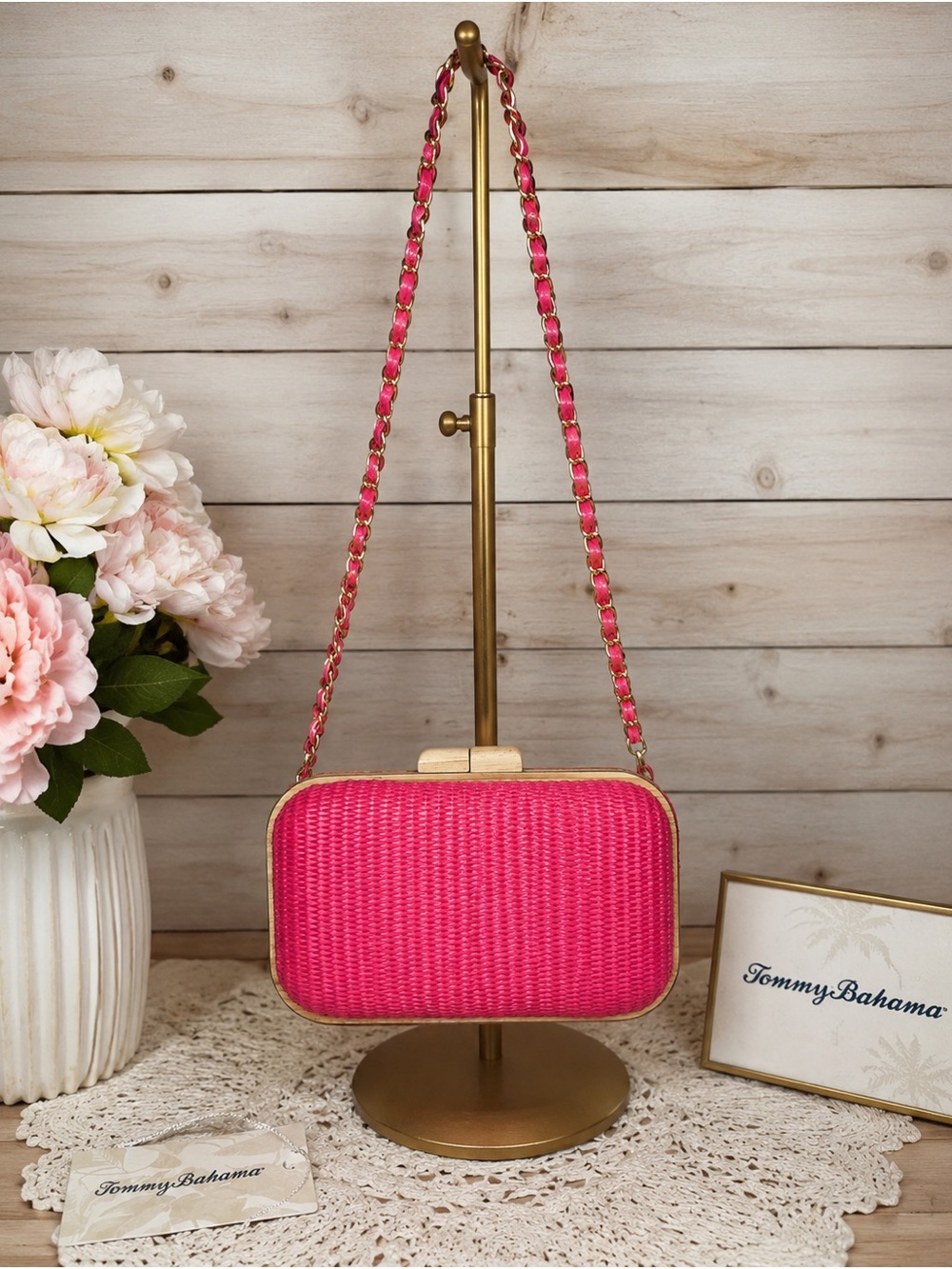 Tommy Bahama Hot Pink Fuscia Woven Chain Strap Crossbody Free bag charm